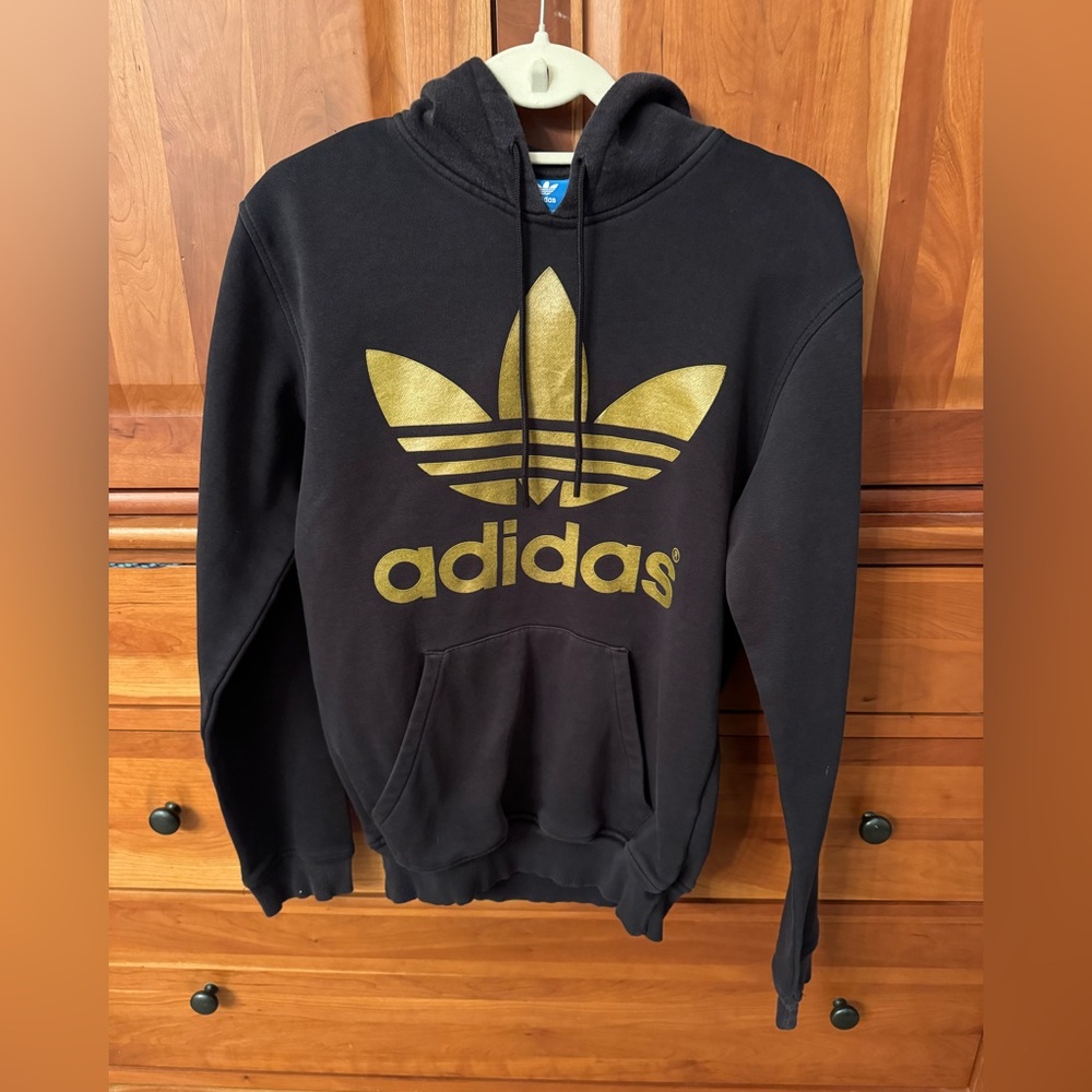 Adidas Originals Trefoil Hoodie Black Gold Logo Pullover Size Small